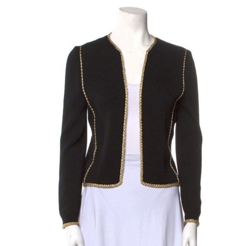 St. John‎ By Marie black open knit cardigan with braid  gold embellishments Sz S